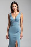V Neck Dusty Blue Sheath Formal Dress with Slit