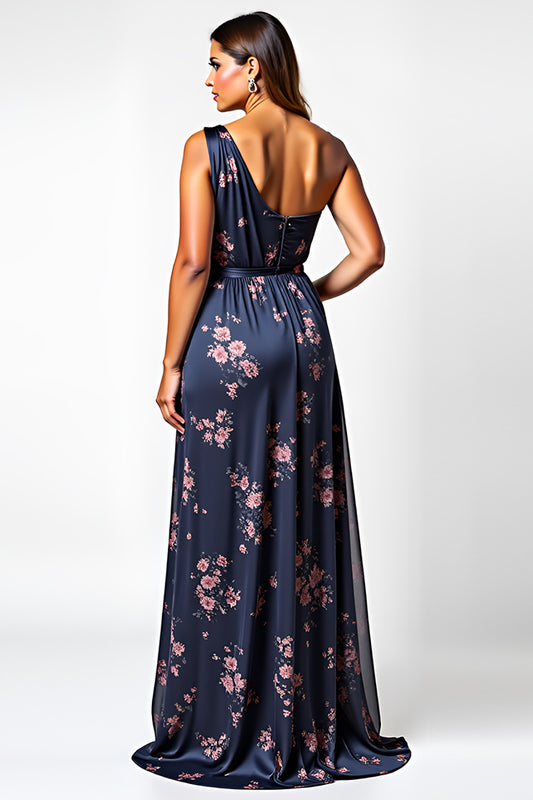 One Shoulder Navy Flower Long Wedding Guest Dress with Slit