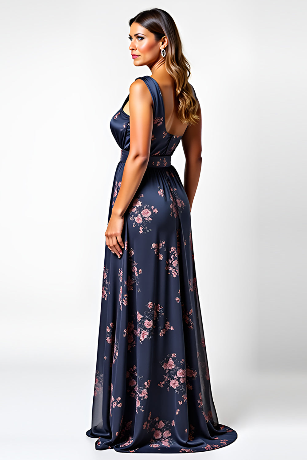 One Shoulder Navy Flower Long Wedding Guest Dress with Slit