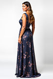 One Shoulder Navy Flower Long Wedding Guest Dress with Slit