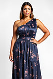 One Shoulder Navy Flower Long Wedding Guest Dress with Slit