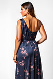 One Shoulder Navy Flower Long Wedding Guest Dress with Slit
