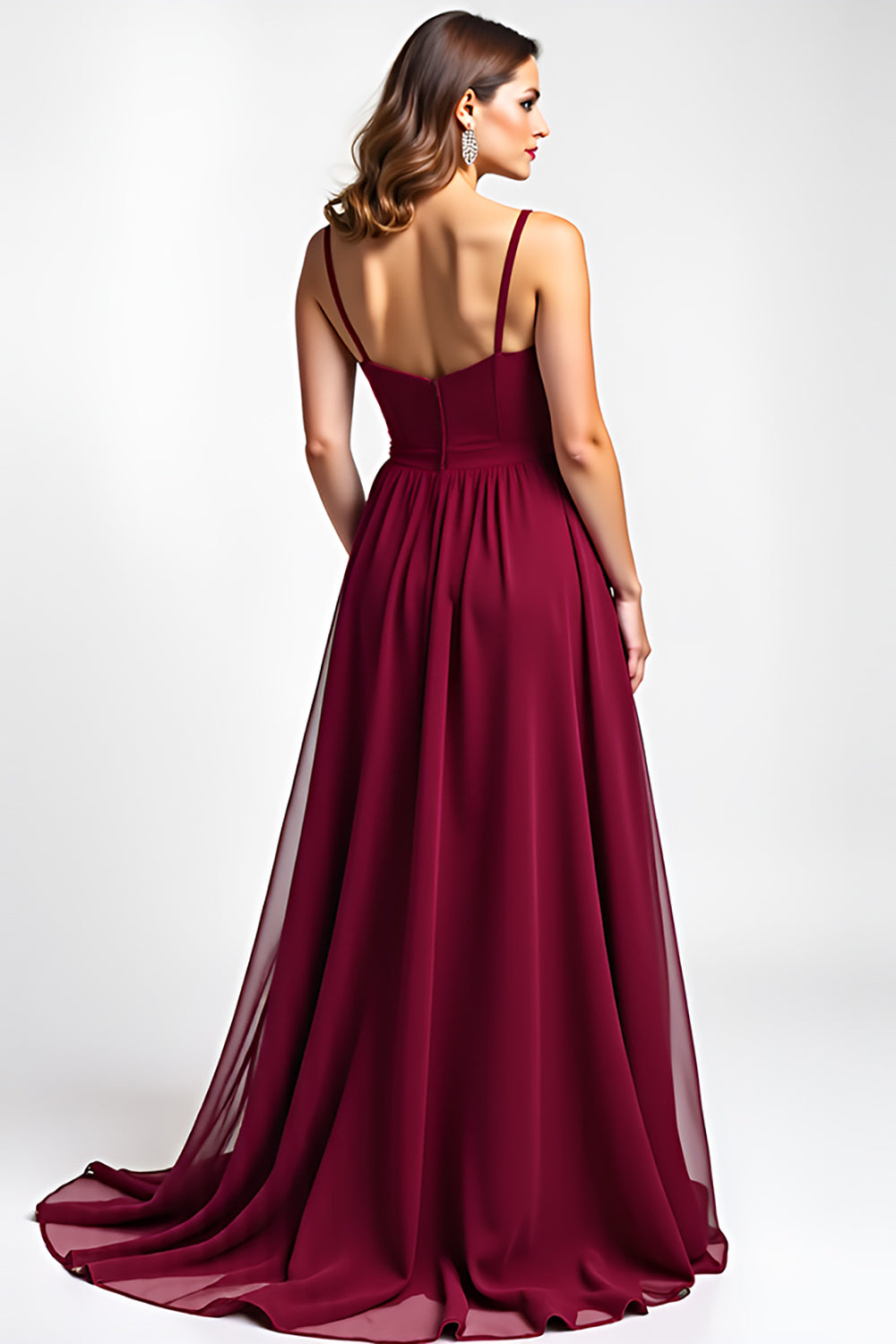 Burgundy Spaghetti Straps Chiffon Long Wedding Guest Dress