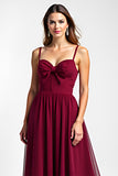 Burgundy Spaghetti Straps Chiffon Long Wedding Guest Dress