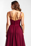 Burgundy Spaghetti Straps Chiffon Long Wedding Guest Dress