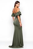 Olive Off the Shoulder Sheath Long Wedding Guest Dress with Slit