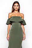 Olive Off the Shoulder Sheath Long Wedding Guest Dress with Slit
