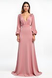 Dusty Rose Deep V-Neck Wedding Guest Dress with Long Sleeves