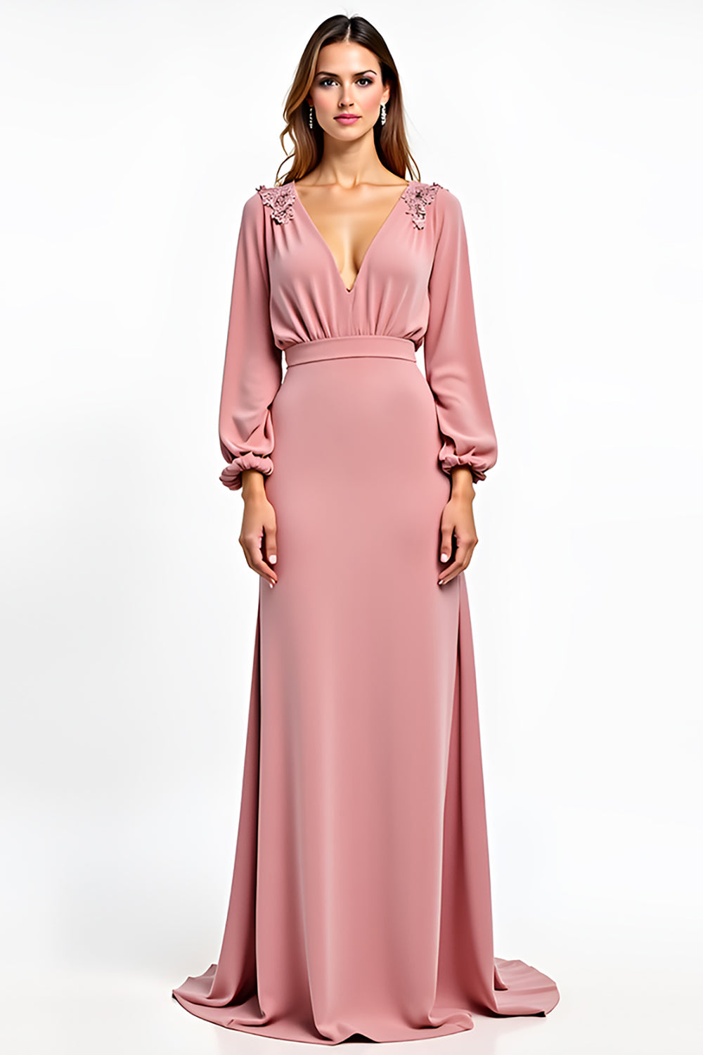 Dusty Rose Deep V-Neck Wedding Guest Dress with Long Sleeves
