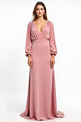 Dusty Rose Deep V-Neck Wedding Guest Dress with Long Sleeves