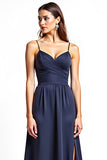 Spaghetti Straps Navy A Line Long Wedding Guest Dress with Slit
