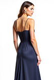 Spaghetti Straps Navy A Line Long Wedding Guest Dress with Slit