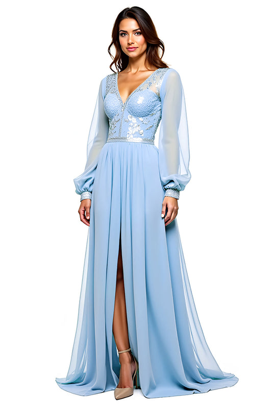 Sparkly Sky Blue V Neck Long Sleeve Sequin Long Bridesmaid Dress With Slit