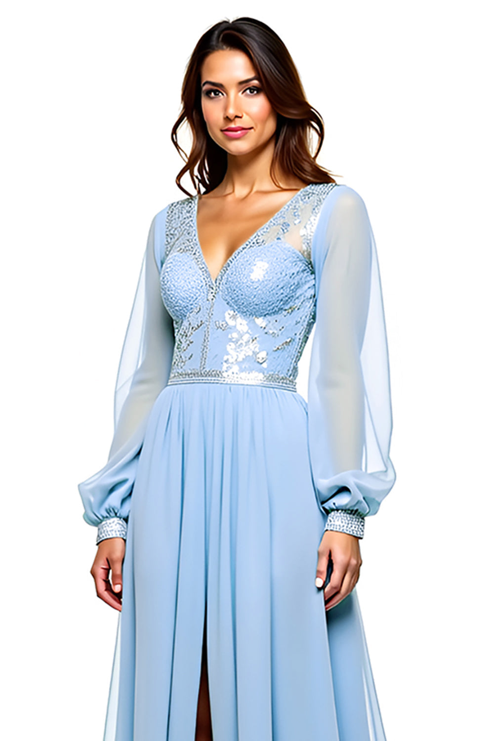 Sparkly Sky Blue V Neck Long Sleeve Sequin Long Bridesmaid Dress With Slit