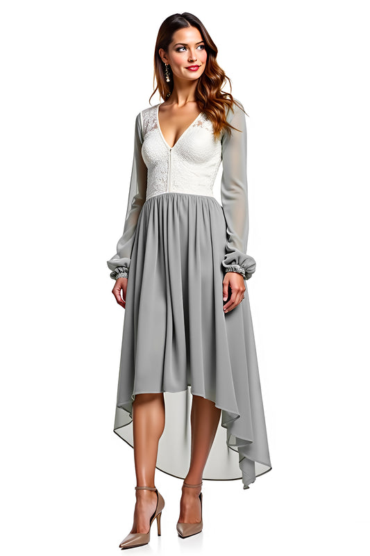 Silver Ivory Chiffon A Line High-Low Bridesmaid Dress