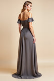 Off the Shoulder Steel Grey Chiffon Long Bridesmaid Dress