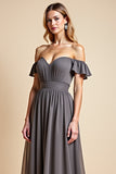 Off the Shoulder Steel Grey Chiffon Long Bridesmaid Dress