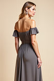 Off the Shoulder Steel Grey Chiffon Long Bridesmaid Dress