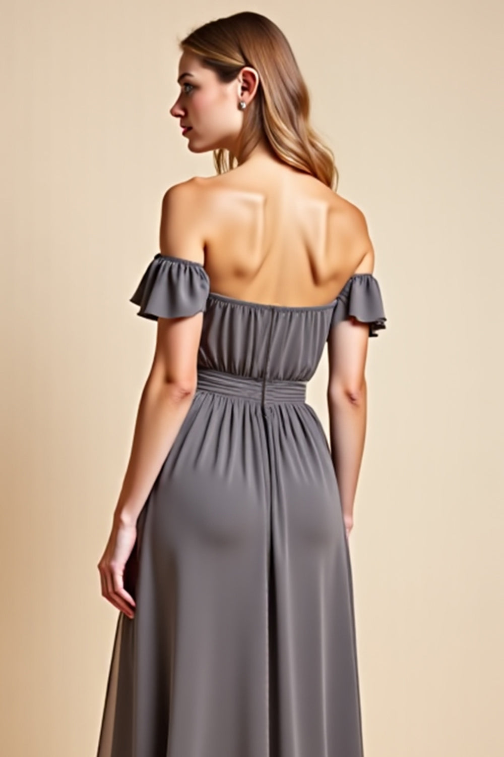 Off the Shoulder Steel Grey Chiffon Long Bridesmaid Dress