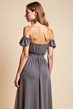 Off the Shoulder Steel Grey Chiffon Long Bridesmaid Dress