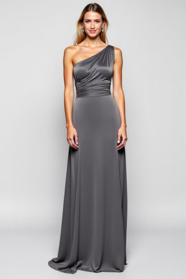 One Shoulder Steel Grey Sheath Long Bridesmaid Dress