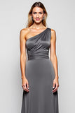 One Shoulder Steel Grey Sheath Long Bridesmaid Dress