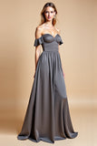 Steel Grey Sweetheart A Line Long Bridesmaid Dress