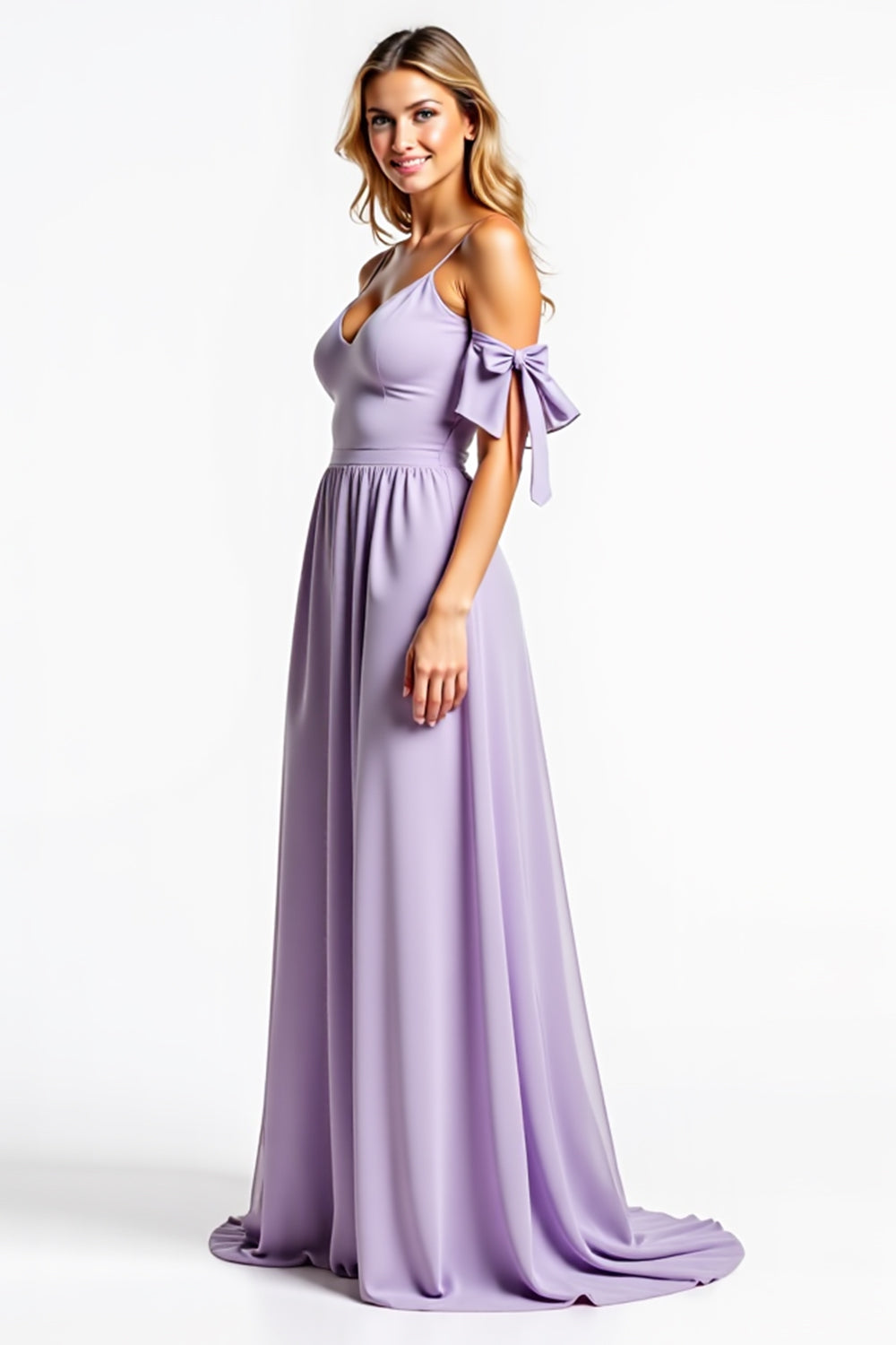 A Line Lilac V-Neck Long Bridesmaid Dress with Pockets