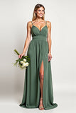 Chiffon Eucalyptus A Line Long Bridesmaid Dress with Slit
