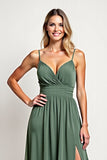 Chiffon Eucalyptus A Line Long Bridesmaid Dress with Slit