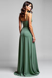 A Line Eucalyptus Ruched Long Bridesmaid Dress
