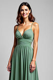 A Line Eucalyptus Ruched Long Bridesmaid Dress