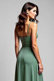 A Line Eucalyptus Ruched Long Bridesmaid Dress
