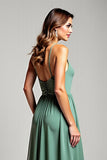 Deep V-Neck Eucalyptus Chiffon Long Bridesmaid Dress
