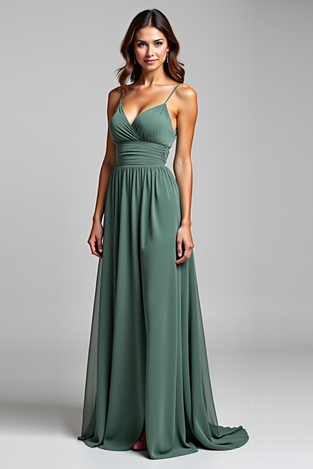 Spaghetti Straps Chiffon Eucalyptus Long Bridesmaid Dress