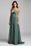 Spaghetti Straps Chiffon Eucalyptus Long Bridesmaid Dress