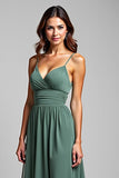 Spaghetti Straps Chiffon Eucalyptus Long Bridesmaid Dress