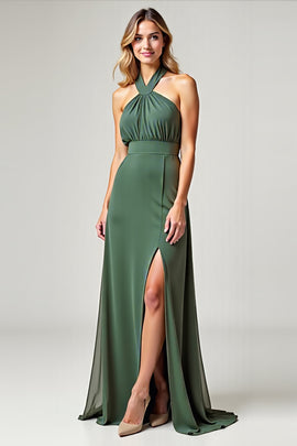 Chiffon Eucalyptus Crossed Straps Long Bridesmaid Dress