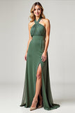 Chiffon Eucalyptus Crossed Straps Long Bridesmaid Dress