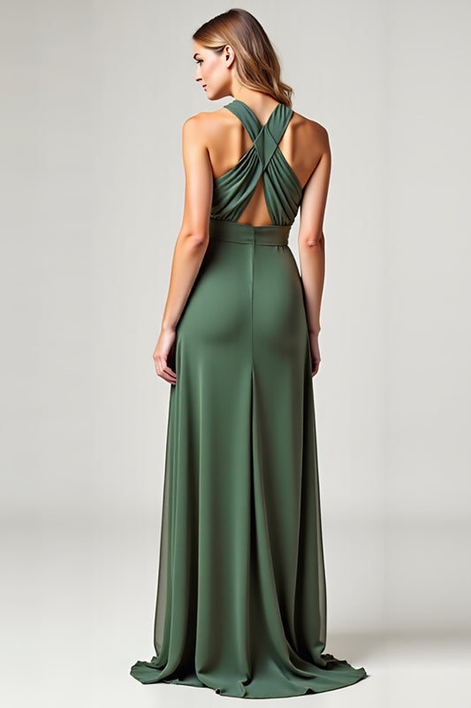 Chiffon Eucalyptus Crossed Straps Long Bridesmaid Dress