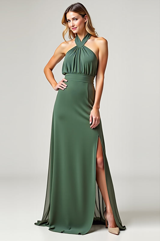 Chiffon Eucalyptus Crossed Straps Long Bridesmaid Dress