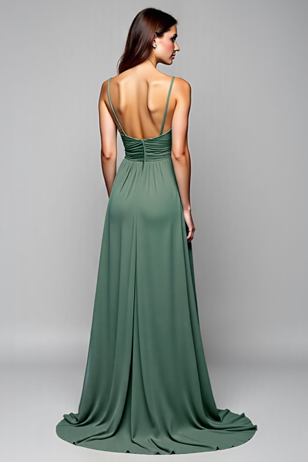 A Line Eucalyptus Backless Long Bridesmaid Dress
