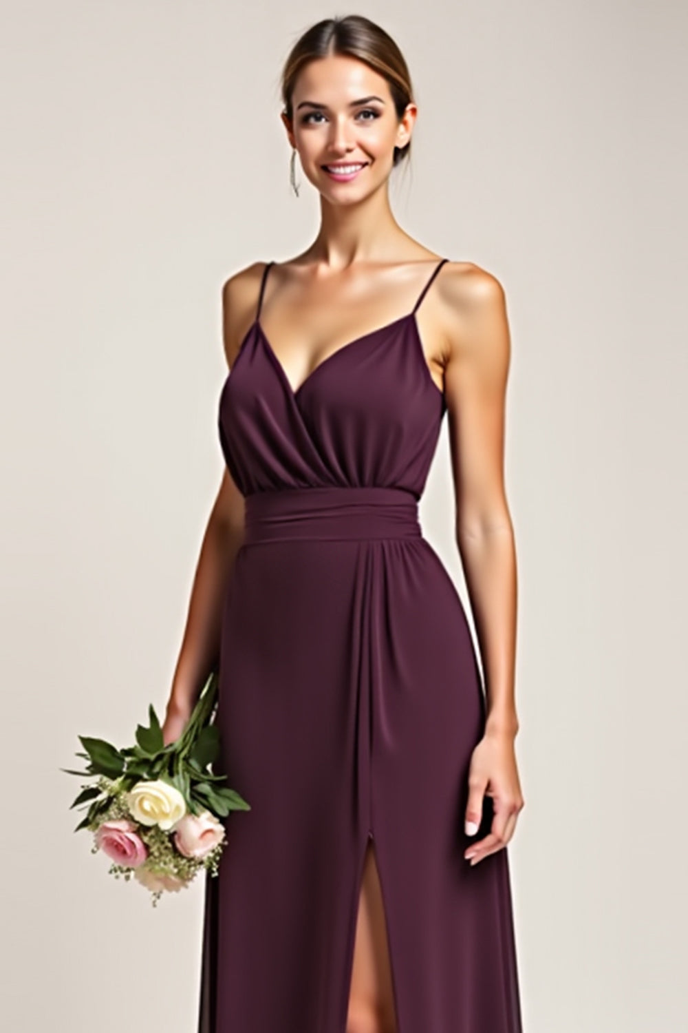 Purple A Line Backless Long Bridesmaid Dress with Slit