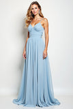 V-Neck Sky Blue Chiffon Long Bridesmaid Dress