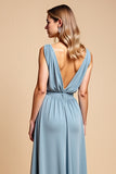 Dusty Blue Backless Deep V-Neck Long Bridesmaid Dress