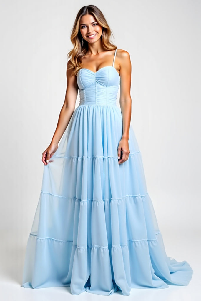 ZAPAKASA Women Sky Blue Long A Line Chiffon Bridesmaid Dress Backless