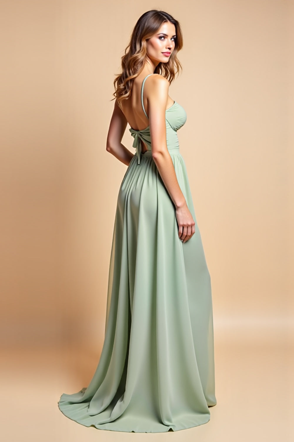 A Line Dusty Sage Long Chiffon Bridesmaid Dress