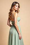 A Line Dusty Sage Long Chiffon Bridesmaid Dress