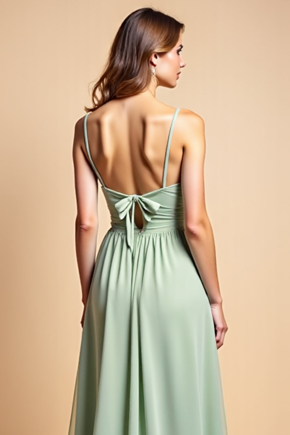 A Line Dusty Sage Long Chiffon Bridesmaid Dress