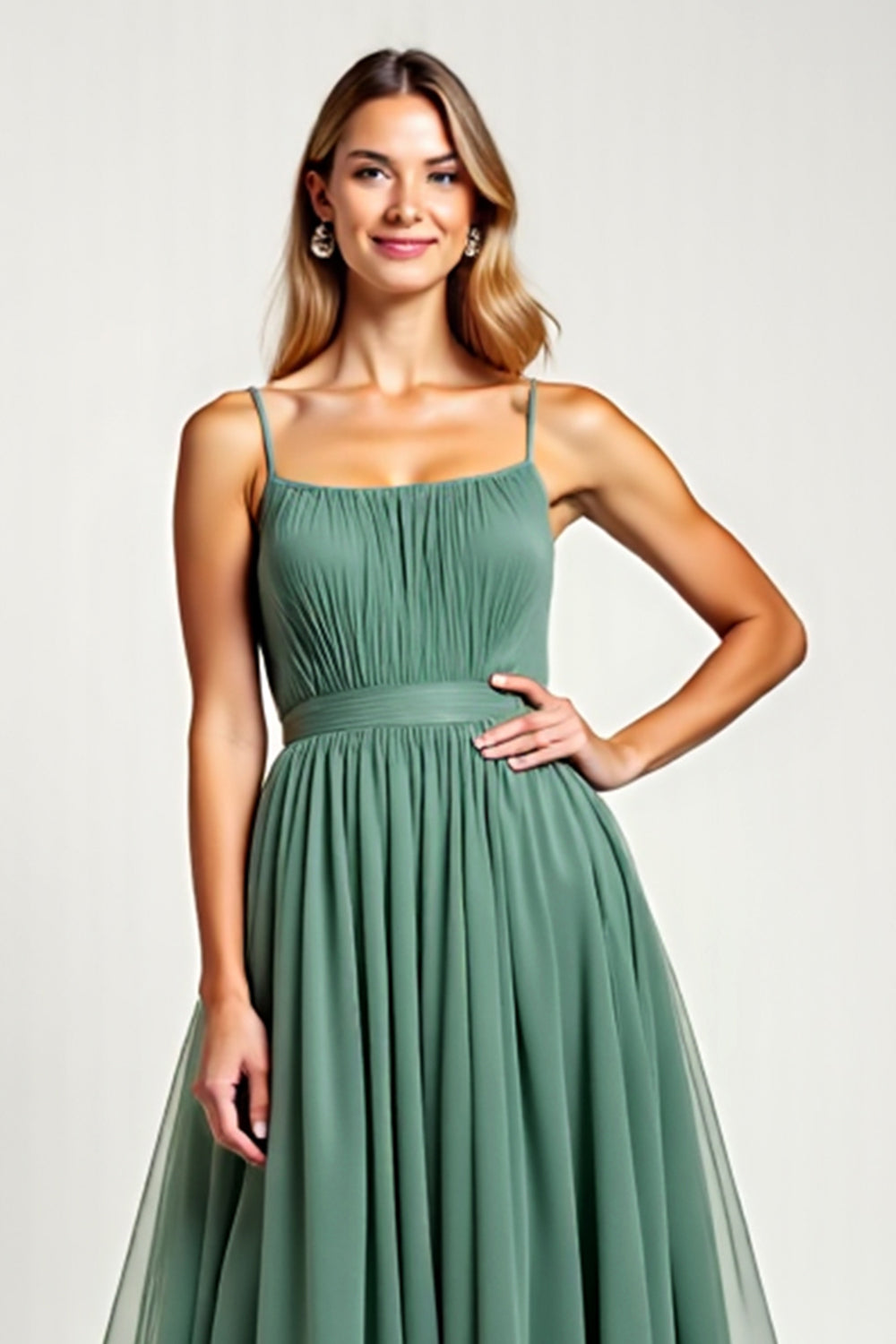 Eucalyptus Square Neck Chiffon Long Bridesmaid Dress